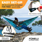 Foxelli Camping Hammock - Lightweight Portable Hammock, Easy Setup with Tree-Friendly Ropes & Steel Carabiners, Heavy Duty Parachute Nylon for Indoors and Outdoors