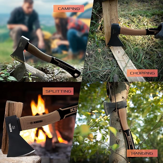 KSEIBI Outdoor Camping Hatchet with Sheath for Splitting and Kindling Wood, Forged Steel Blade with Anti-Slip and Shock Reduction Handle Great Throwing Axes and Hatchets (Tuscan Brown)