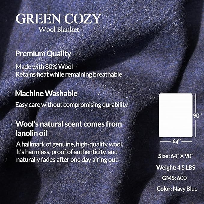 Military Style Wool Blanket – Cushioned, Breathable, Durable, Warm & Washable – Double-Stitched Border–Great for Camping, Outdoor, First Aid, Travel, Car–Fire-Resistant – 64"x90" 4.5 lb (Navy Blue)