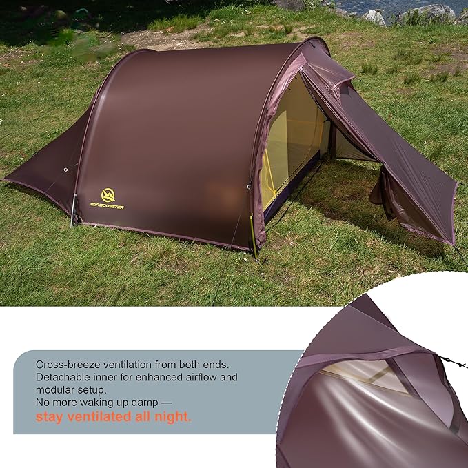 Backpacking Ultralight 2Person Tunnel Tent, 2.89lbs, Double Silicone-Coated Fabric, Compact 3-Season Tent – Wine Brown