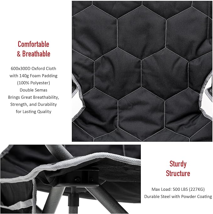 SUNNYFEEL Oversized Folding Camping Chair 500 LBS Heavy Duty Lawn Chairs with Black Portable Folding with Armrest, Cup Holder, Pocket ＆Bag for Outdoor Camping/Beach/Travel/Picnic/Fishing