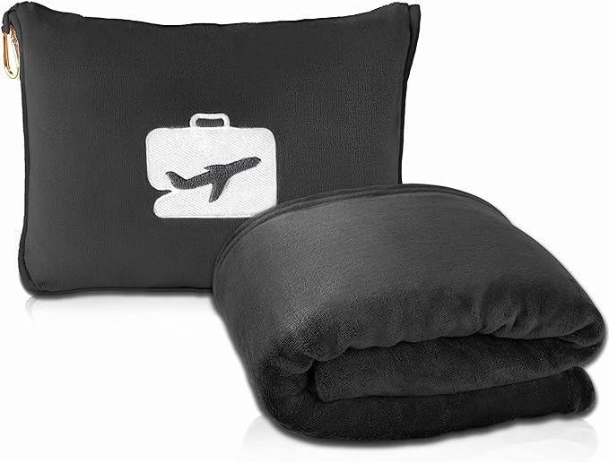 EverSnug Travel Blanket and Pillow Value Bundle – Compact & Lightweight | 2 in 1 Airplane Blanket with Soft Bag Pillowcase, Hand Luggage Sleeve and Backpack Clip | Color Includes Pink & Black