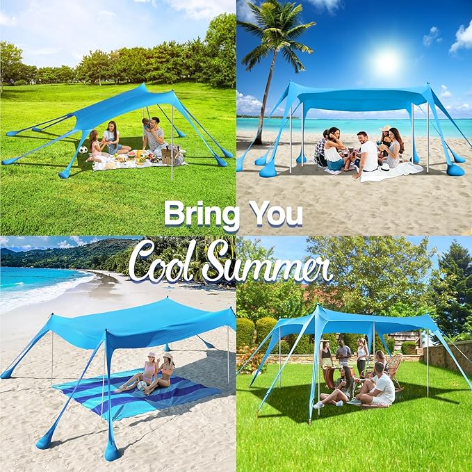 Rhino Valley Beach Tent Shade Canopy UPF50+ Protection, 8 Sandbags, 4 Stability Poles, Outdoor Sun Shelter Umbrella for Sand, Camping, Fishing Essentials