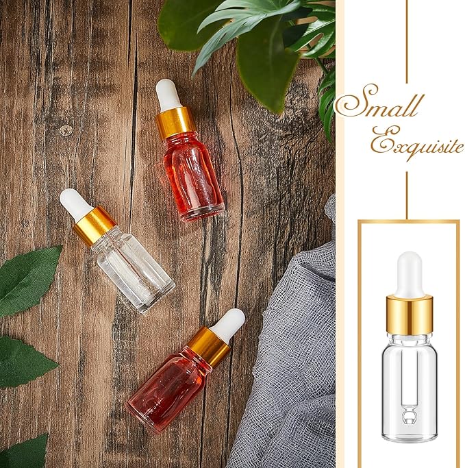 100 Pcs Mini Glass Oil Dropper Bottle Bulk, Clear Essential Small Empty Bottles Sample Containers Perfume Liquid Vials with Cap for Traveling (10 ml,Gold)
