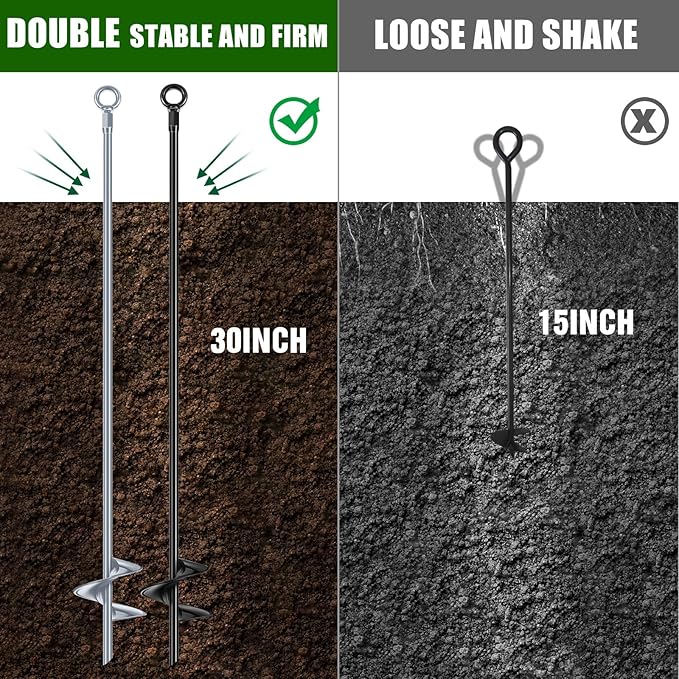 Lasnten 30 Inch Heavy Duty Ground Anchor Spiral Blade Earth Anchor Kit Metal Anchor Hook Beach Sand Stakes Camping for Securing Animals, Shelters, Tents, Canopies (Black, Silver,6 Pcs)
