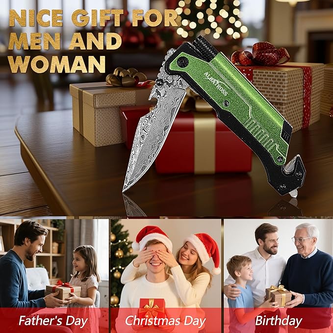 ALBATROSS 7-in-1 Damascus Folding Knife - Glass Breaker/Seatbelt Cutter/Flashlight/Fire Starter, Military Rescue Tool with Carrying Bag - FK01-DA-GN (Green)