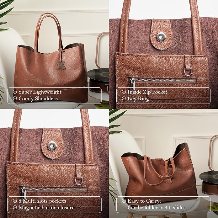 Italian Leather Tote Bag for Women - Large Shoulder Shopper, Fits 16” Laptop, Keychain Holder, Made in Italy