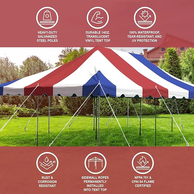 Party Tents Direct 20'x30' Weekender Canopy Pole Tent - Easy Up Canopy Tent with 120 Person Capacity - Outdoor Canopies for Parties, Weddings, & Events (Red White and Blue Top)