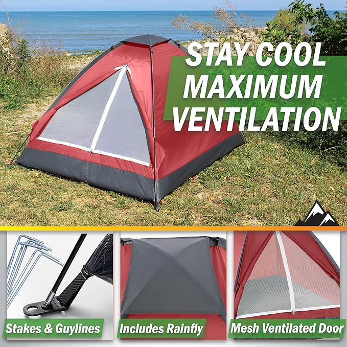 2 Person Camping Tent with Rain Fly and Carrying Bag – Lightweight Outdoor Pop Up Tents for Camping Essentials, Music Festivals, Backpacking, Hiking, or Beach Shelter by Wakeman Outdoors