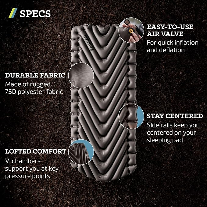 Klymit Static V Luxe Sleeping Pad, Lightweight Lofted Camping Air Mattress for Tents and Cars with Body Mapping Tech, 3 In Thick Grey