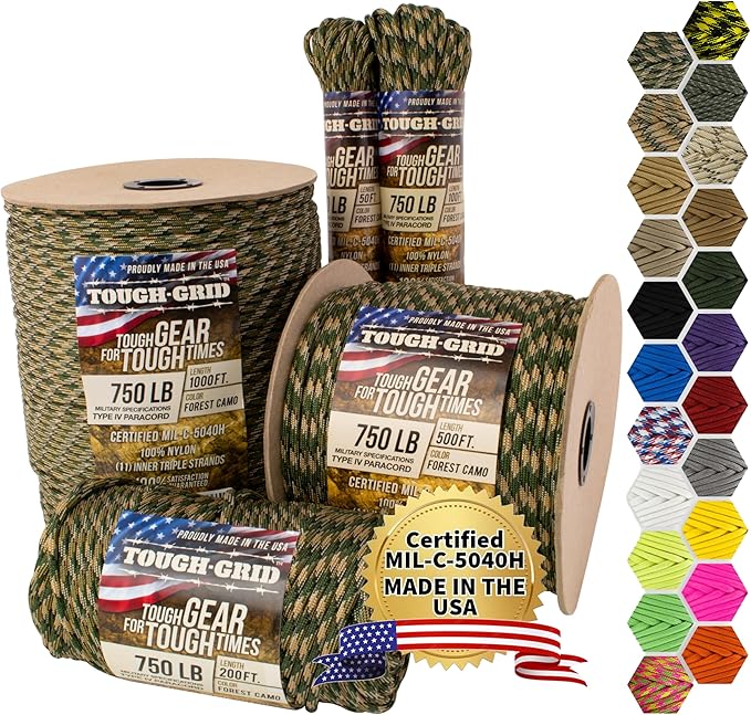 TOUGH-GRID 750 Paracord Rope Nylon Parachute Cord, Made in USA Survival Kit, Outdoor Adventures, Camping, Tactical Gear & Emergency Supplies, Military Type IV Mil-Spec