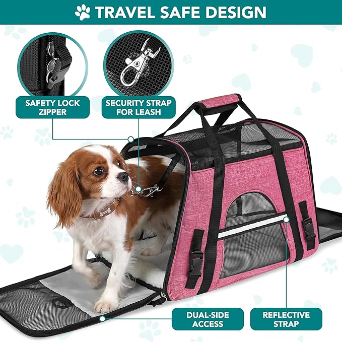 PetAmi Airline Approved Pet Carrier for Cats & Small Dogs, Soft Sided TSA Travel Carrier Bag Sherpa Bed, Breathable Mesh Ventilation, Collapsible Bowl, Fit Under Seat, Up to 18 lbs, Small Heather Pink