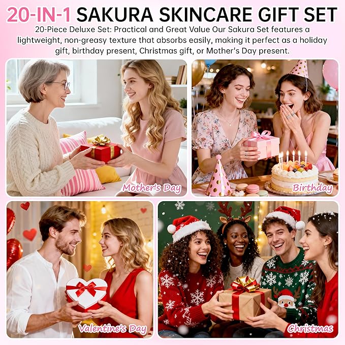 Sakura Skin Care Set for Teenage Girls, Lovely Travel Skincare Set for Women, 20-In-1 Spa Party & Sleepover Skincare Kit with Sleeping Face Mask, Mud Mask, Lip Mask & Exfoliating Scrub, Five of Each