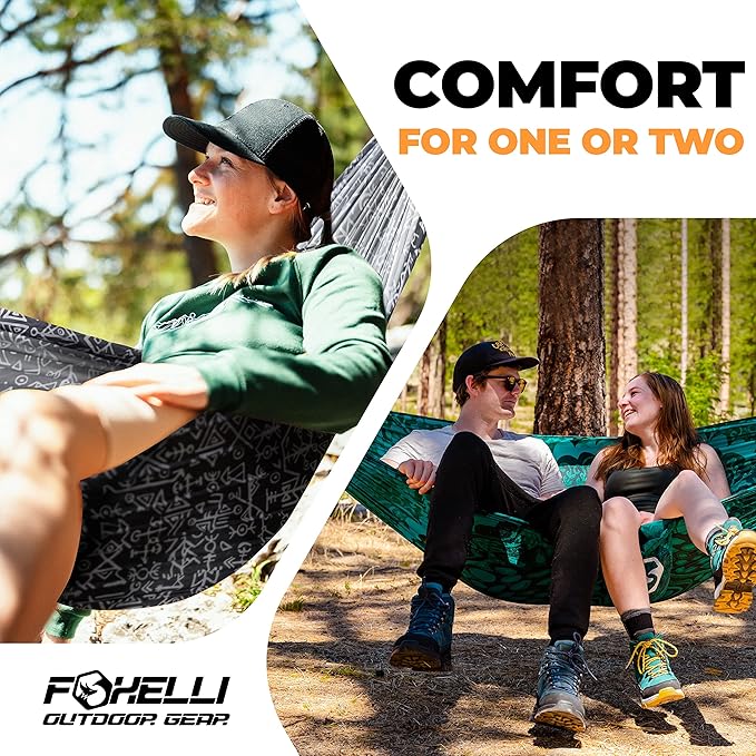 Foxelli Camping Hammock - Lightweight Portable Hammock, Easy Setup with Tree-Friendly Ropes & Steel Carabiners, Heavy Duty Parachute Nylon for Indoors and Outdoors