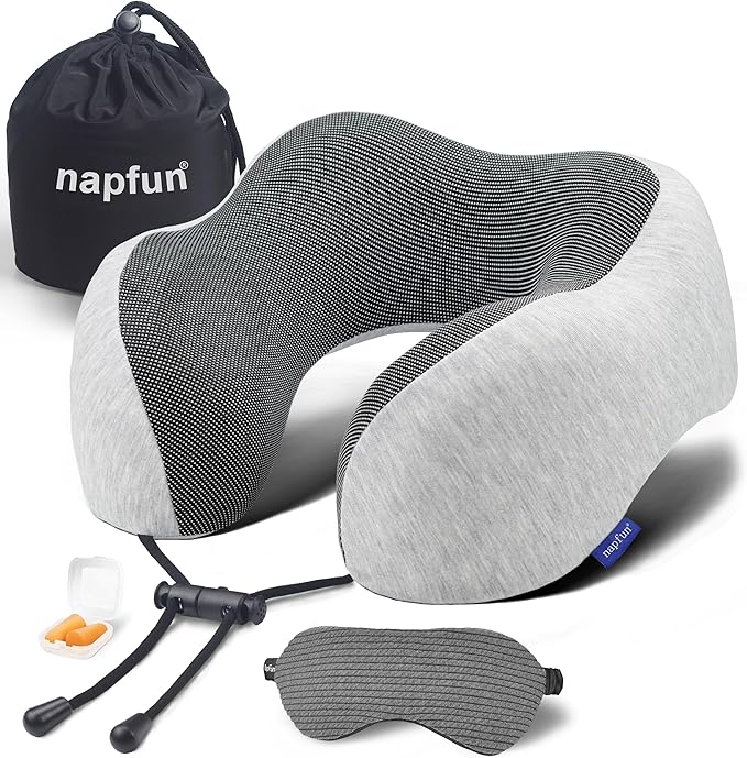 napfun Neck Pillow for Traveling, Travel Neck Pillow for Airplane 100% Pure Memory Foam Travel Pillow for Flight Headrest Sleep, Portable Plane Accessories, Light Grey Set