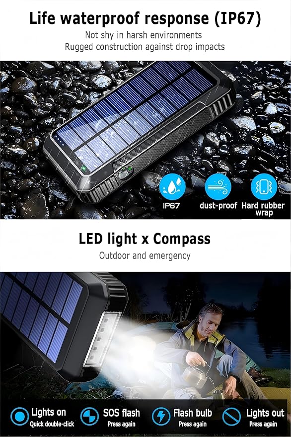 DJKK Solar Power Bank Wireless Charger 52800mAh Built in 4 Cables and LED Camping Lights 22.5W Fast Charging Power Bank 7 Outputs 4 Inputs Portable Charger Compatible with All Mobile Devices (Black)