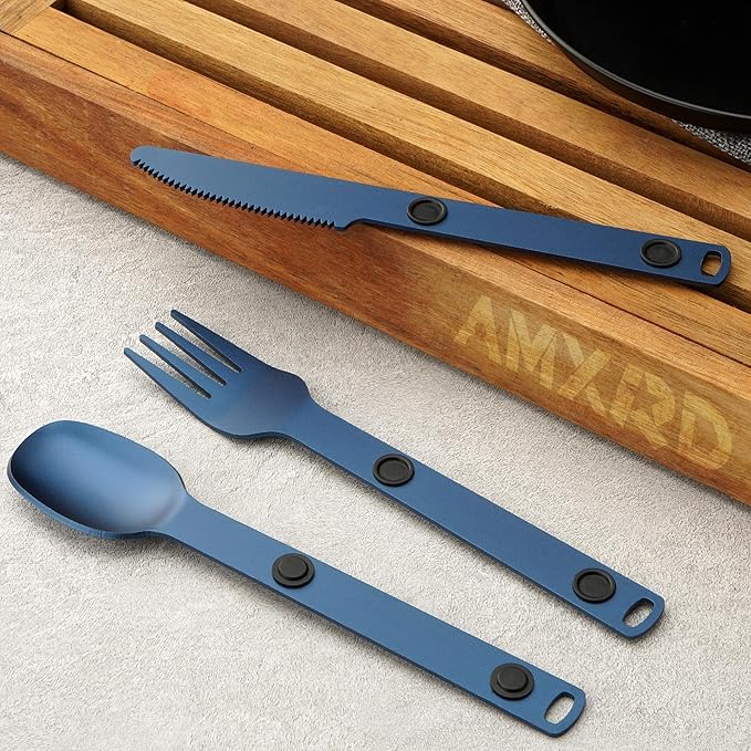 Magnetic Camping Utensils Set, Portable & Reusable Metal Travel Flatware, Camping Cutlery Set, Knife, Fork & Spoon, 3-PACK, Blue