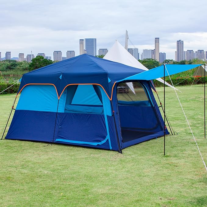 KTT Large Tent 6-12 Person,Family Cabin Tents,Straight Wall,3 Doors and 3 Windows with Mesh,Waterproof,Big Tent for Outdoor,Picnic,Camping,Family,Friends Gathering.