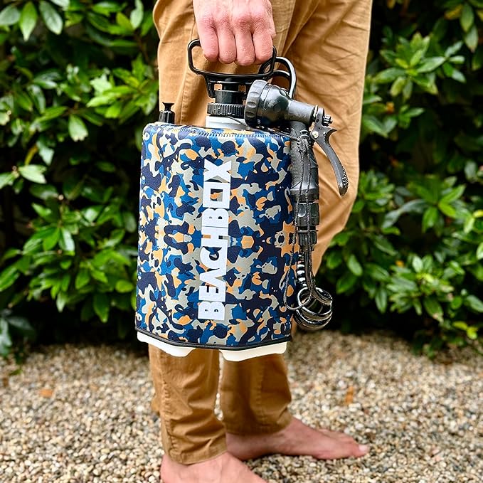 BeachBox Portable Shower Tank – Insulated Hot & Cold Water Tank for Camping, Beach, & Outdoor Adventures – 1.3 Gal Capacity – Multi-Spray Shower Gun – Easy Fill & Carry