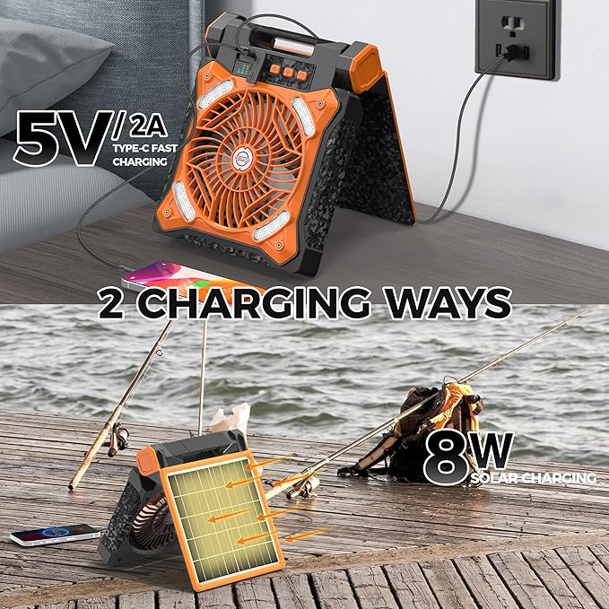 MORECORE 10000mAh 11inch Solar Camping Fan with Dual Charging, 4 Speeds & 3 Light Levels, 36H Run Time, Timer & 90° Adjustable, Portable Quiet Desk Fan for Hiking, Hurricane, Outages, Fishing-Orange