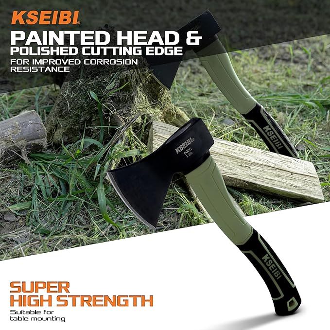 KSEIBI Hatchet with Sheath, Camping Axe for Splitting and Kindling Wood, Forged Steel Blade with Anti-Slip and Shock Reduction Handle Great Throwing Hatchets (Sausalito Green)