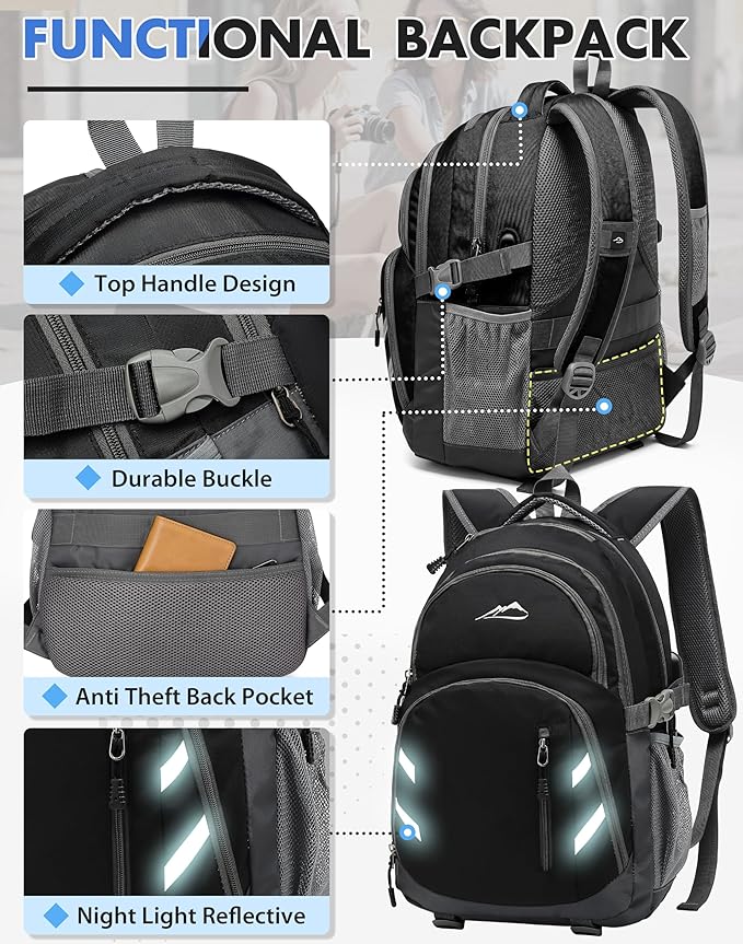 ProEtrade Extra Large Backpack Bookbag for College Laptop Travel, Fit Laptop Up to 17 inch with USB Charging Port Multi Compartment Anti theft, Gift for Women Men (Light Black)