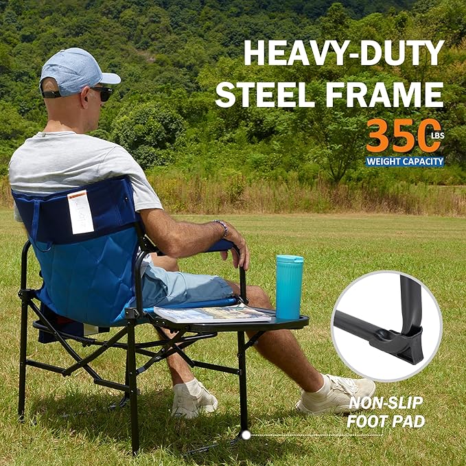 Camping Folding Chairs for Outside, Foldable Camp Chairs for Adults Heavy Duty, Oversized Directors Camping Chair with Table for Picnic, Lawn Large Comfy Camping Chair, 350 LBS Capacity, Blue