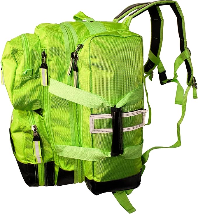 Kemp USA Ultimate EMS Backpack - Emergency Supplies - EMT Bag Fits BLS/ALS Equipment and D Tank Oxygen Cylinder - Multiple Grab Points, Chest & Waist Support Straps & Color-Coded Pouches (Neon Green)