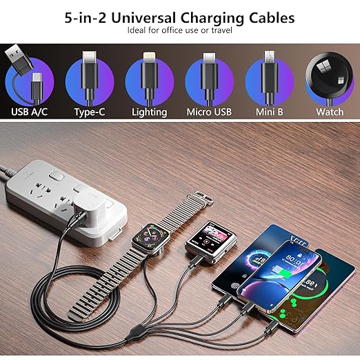 5-in-2 Multi Charging Cable for Apple Watch Charger: USB A/C Input, Lightning/Type C/Micro/Mini B/Wireless Output, Compatible with iPhone 15-13, iWatch 1-9, Galaxy S23-22, 4FT (Black)