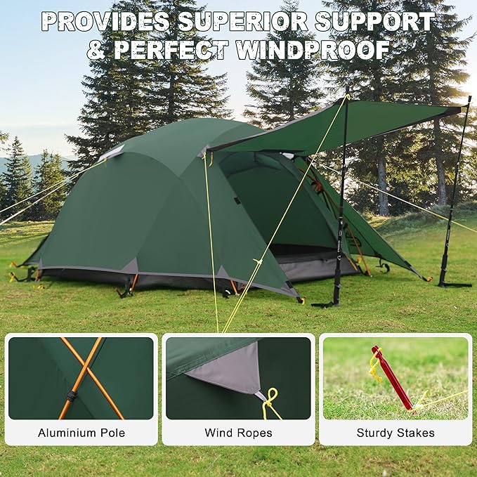 2-3 Person Backpacking Tent Double Doors 2 Vestibule 2 Skylight, Two Person Tents Waterproof Windproof 2 Man Tent for Camping Hiking Motor Cycling Biking Fishing Mountaineering UPF 50+