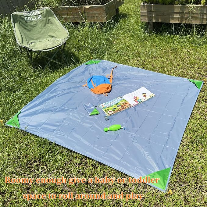 Pocket Beach Blanket Small Foldable Picnic Mat Portable Lightweight Camping Tarp Tent Blankets Washable Rug Quick Dry Compact Beach Mats Hiking Outdoor Essentials (Gray/Blue 55"*59" / 4.59ft×4.92ft)
