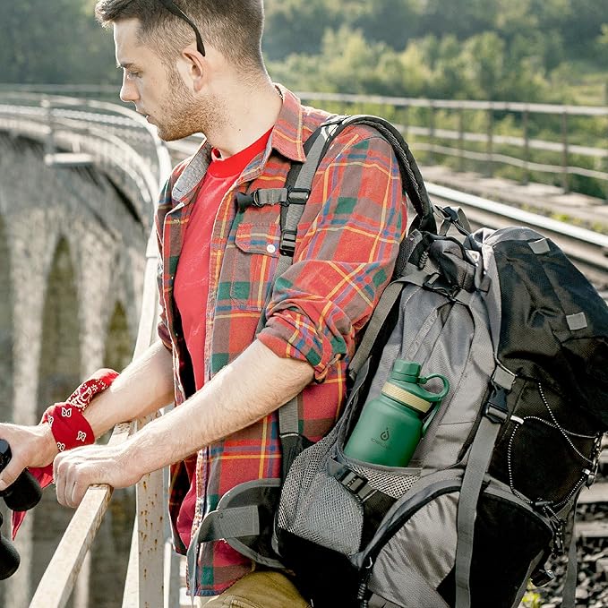 IDEUS Insulated Stainless Steel Water Bottle with 2 Leak-Proof Lids, Thermal Water Flask for Hiking Biking, 32oz, Green