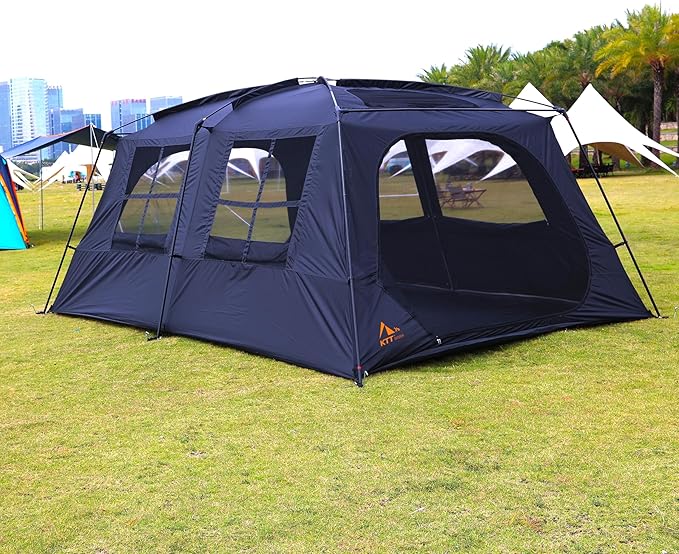 KTT Extra Large Tent 12 Person,Awning Family Cabin Tents,2 Rooms,3 Doors and 3 Windows with Mesh,Straight Wall,Waterproof,Double Layer,Big Tent for Outdoor,Picnic,Camping,Family Gathering