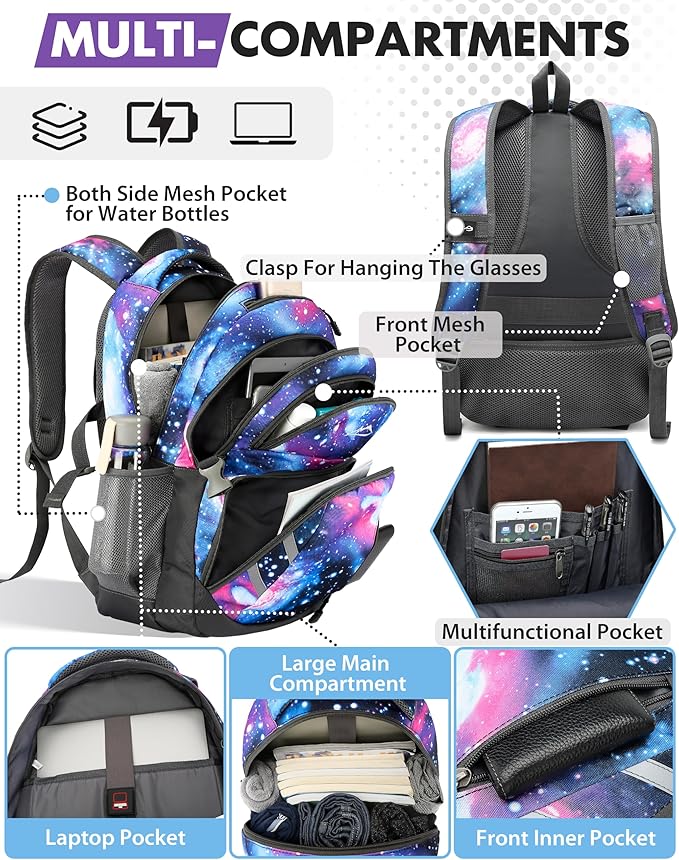 ProEtrade Backpack Bookbag for College Laptop Travel,Fit Laptop Up to 15.6 inch with USB Charging Port Multi Compartment Anti theft, Gift for Women Men (Galaxy)