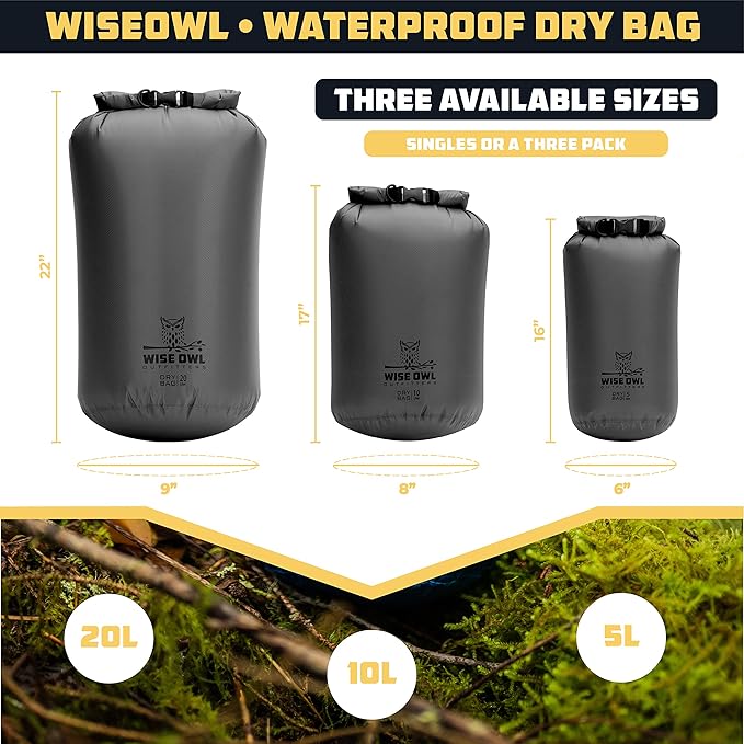 Wise Owl Outfitters Waterproof Dry Bag 3-Pack – Lightweight & Airtight 5L/10L/20L Small & Large Dry Bags for Kayaking, Beach, Travel, Boating, Hiking