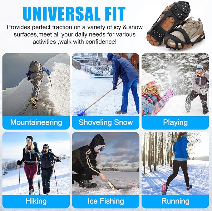 Ice Cleats Snow Traction Cleats Crampons for Shoes and Boots Men Women 28 Studs Anti Slip Shoe Grippers Overshoe Slip-on Stretch Footwear Spikes for Snow and Ice Fishing Winter Walking Hiking