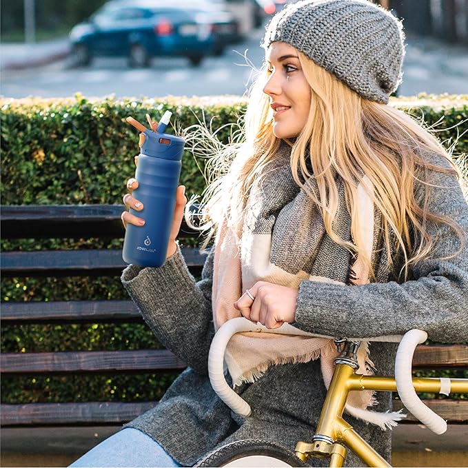 IDEUS Insulated Stainless Steel Water Bottle with 2 Leak-Proof Lids, Thermal Water Flask for Hiking Biking, 24oz, Bright Blue