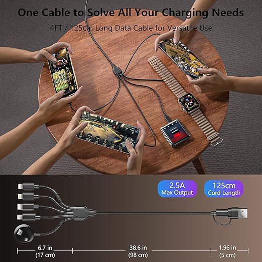 5-in-2 Multi Charging Cable for Apple Watch Charger: USB A/C Input, Lightning/Type C/Micro/Mini B/Wireless Output, Compatible with iPhone 15-13, iWatch 1-9, Galaxy S23-22, 4FT (Black)