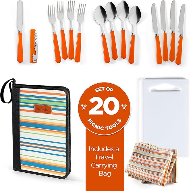 Camping Silverware Kit Cutlery Organizer Utensil Picnic Set 12 Piece Mess Kit - Stainless Steel Spoon Butter & Serrated Knife Wine Opener Fork Napkin Hiking Camp Kitchen BBQ’s (4 Person 20 Piece Set)