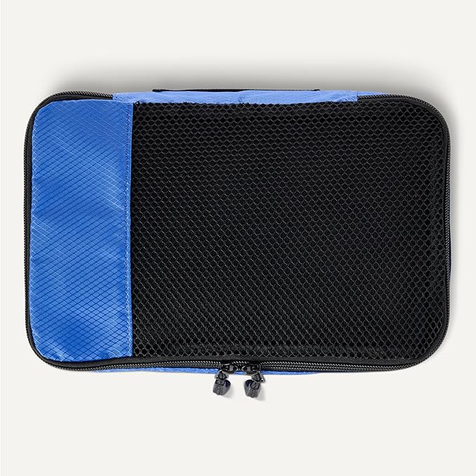 Amazon Essentials 4-Piece Packing Cubes Travel Accessories Set, Luggage Organizer with Double Zipper, Mesh Top, 100% Polyester, Small/Medium/Large/Slim, Blue (Previously Amazon Basics)