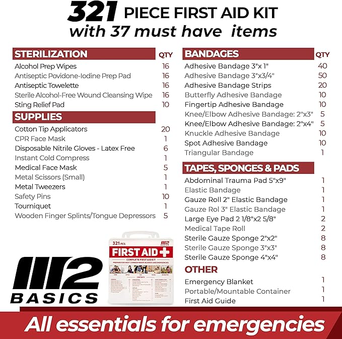 Premium 321 Piece First Aid Kit - M2 BASICS First Aid Kit for Home, Car, Business, Office, School, Travel, Camping, Outdoors - Emergency Medical Supplies, Durable Portable Hard Case