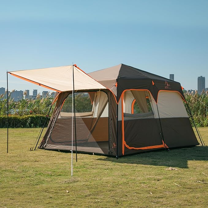 KTT Large Tent 6-12 Person,Family Cabin Tents,Straight Wall,3 Doors and 3 Windows with Mesh,Waterproof,Big Tent for Outdoor,Picnic,Camping,Family,Friends Gathering.