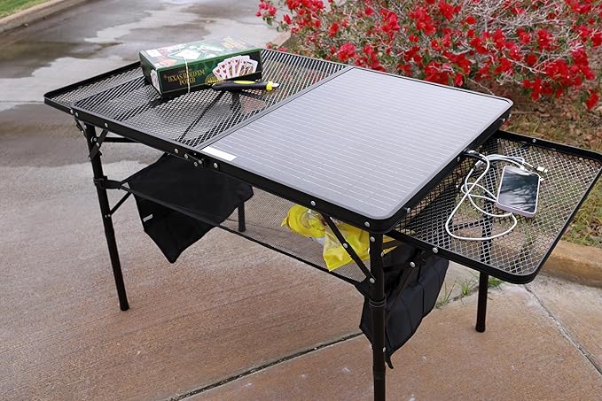 Nice C Camping Table, Ourdoor Grill Table, Tailgate Tables, Solar Panel Tables with USB Type-C&DC Charging Cable, 42W Portable Solar Charger, 2 Side Shelves, with Mesh Net&Cup Holders