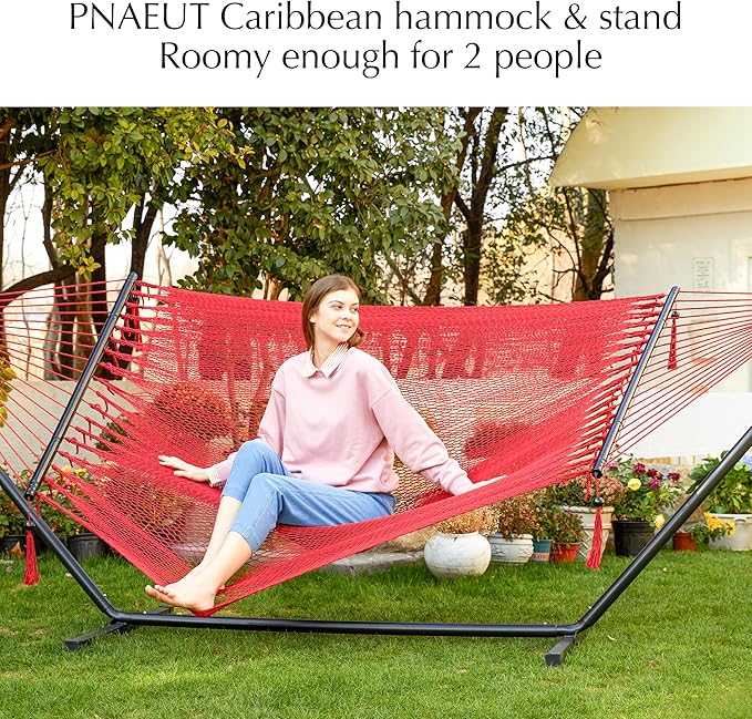 PNAEUT Soft-Spun Polyester Rope Double Hammocks with Stand for Outside, 2 Person Heavy Duty Steel Stand, Max 475 lbs Capacity (Ruby, with Stand)