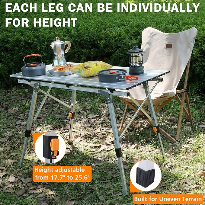 Folding Outdoor Camping Table with Adjustable Legs, Lightweight Aluminum Roll Up Camp Table with Carrying Bag, Mesh Storage Organizer, for Cooking, Picnic, Beach, Backyards, BBQ, Party
