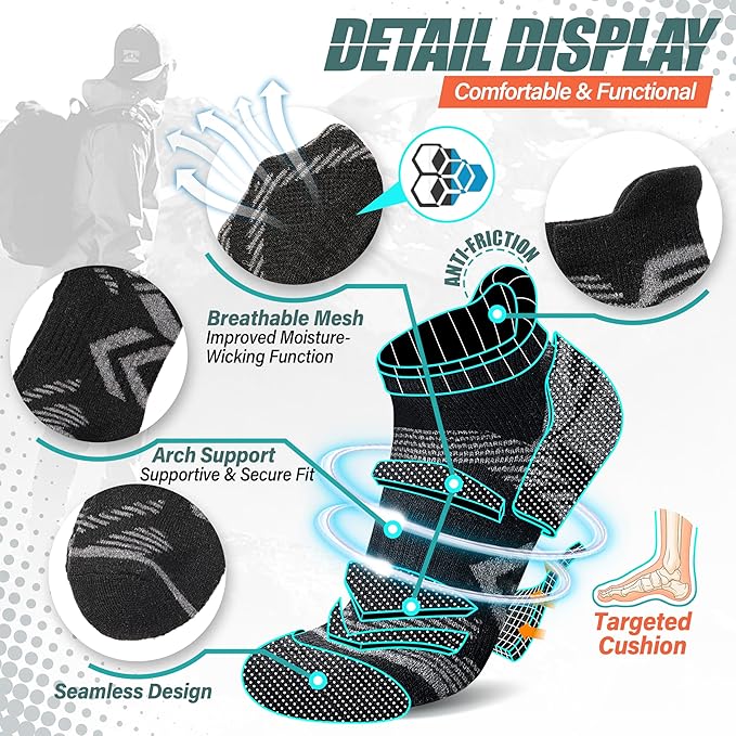 ANTSANG 6 Pairs Merino Wool Ankle Hiking Running Socks Compression Thick Cushion Breathable No Show Socks for Men Women