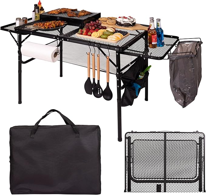 Folding Table w/ Carry Bag, Paper Towel Holder, Garbage Holder, Wing Panels, 3x2 FT Foldable Table for Portable Grill, Picnic, Outdoor, Beach, Small Folding Table Adjustable Height,Camping Table, BBQ