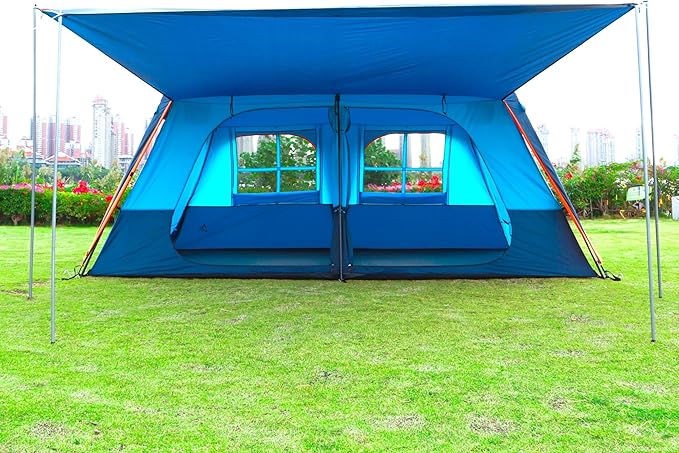 KTT Extra Large Tent 12 Person,Awning Family Cabin Tents,2 Rooms,3 Doors and 3 Windows with Mesh,Straight Wall,Waterproof,Double Layer,Big Tent for Outdoor,Picnic,Camping,Family Gathering