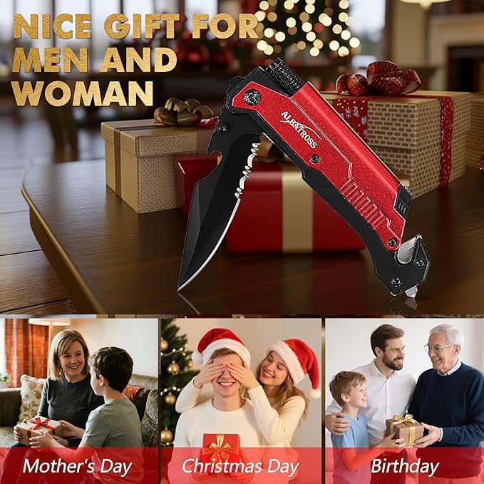 ALBATROSS 7-in-1 Folding Pocket Knife with Glass Breaker, Seatbelt Cutter, Serrated Blade, LED Flashlight, Fire Starter & Bottle Opener - Emergency & Outdoor Tool with Pouch (Red) FK01-RD