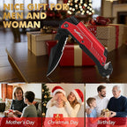 ALBATROSS 7-in-1 Folding Pocket Knife with Glass Breaker, Seatbelt Cutter, Serrated Blade, LED Flashlight, Fire Starter & Bottle Opener - Emergency & Outdoor Tool with Pouch (Red) FK01-RD